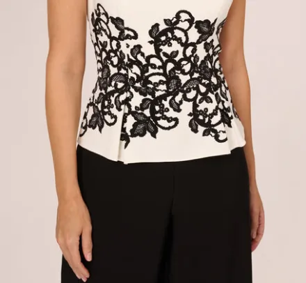 Adrianna Papell Jumpsuits|Day Dresses*Sleeveless Peplum Jumpsuit With Scroll Lace Details In Ivory Black