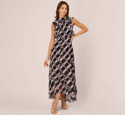 Adrianna Papell Wedding Guest Dresses|Ap Exclusives*Sleeveless Printed Maxi Dress With Ruffle Trim In Navy Blush