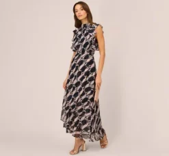 Adrianna Papell Wedding Guest Dresses|Ap Exclusives*Sleeveless Printed Maxi Dress With Ruffle Trim In Navy Blush