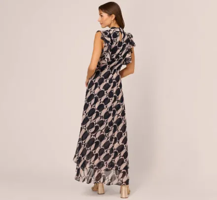 Adrianna Papell Wedding Guest Dresses|Ap Exclusives*Sleeveless Printed Maxi Dress With Ruffle Trim In Navy Blush