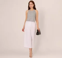 Adrianna Papell Tops & Blouses*Sleeveless Printed Trapeze Top With Crinkle Details In Ivory Navy Ditsy Leafy Vine