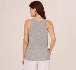 Adrianna Papell Tops & Blouses*Sleeveless Printed Trapeze Top With Crinkle Details In Ivory Navy Ditsy Leafy Vine