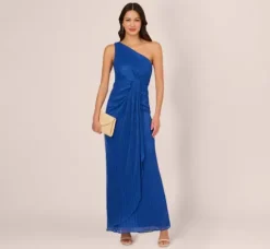 Adrianna Papell Wedding Guest Dresses|Formal Dresses*Stardust Pleated Draped One Shoulder Gown In Brilliant Sapphire