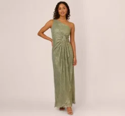 Adrianna Papell Wedding Guest Dresses|Formal Dresses*Stardust Pleated Draped One Shoulder Gown In Green Slate
