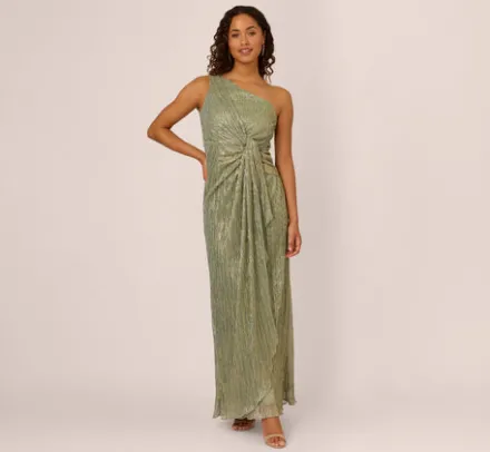 Adrianna Papell Wedding Guest Dresses|Formal Dresses*Stardust Pleated Draped One Shoulder Gown In Green Slate