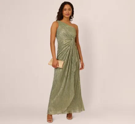 Adrianna Papell Wedding Guest Dresses|Formal Dresses*Stardust Pleated Draped One Shoulder Gown In Green Slate