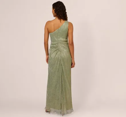 Adrianna Papell Wedding Guest Dresses|Formal Dresses*Stardust Pleated Draped One Shoulder Gown In Green Slate