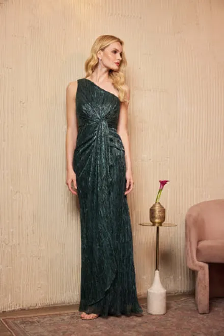 Adrianna Papell Wedding Guest Dresses|Formal Dresses*Stardust Pleated Draped One Shoulder Gown In Green Pine