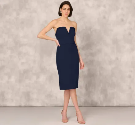 Adrianna Papell Wedding Guest Dresses|Petite-Friendly*Strapless Bonded Crepe Midi Dress With Beaded Notch Neckline In
