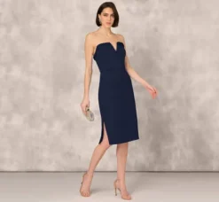Adrianna Papell Wedding Guest Dresses|Petite-Friendly*Strapless Bonded Crepe Midi Dress With Beaded Notch Neckline In