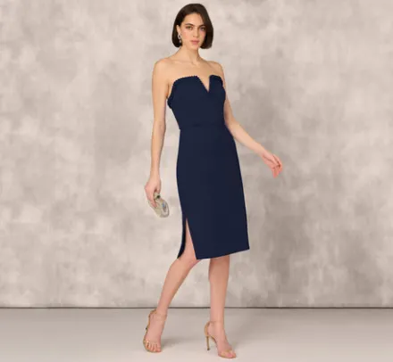 Adrianna Papell Wedding Guest Dresses|Petite-Friendly*Strapless Bonded Crepe Midi Dress With Beaded Notch Neckline In