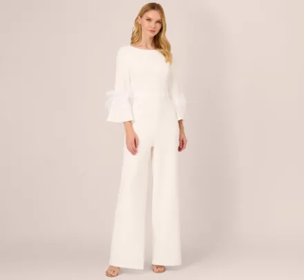 Adrianna Papell Jumpsuits*Stretch Crepe Jumpsuit With Feather Trim Bell Sleeves In