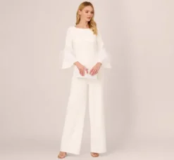 Adrianna Papell Jumpsuits*Stretch Crepe Jumpsuit With Feather Trim Bell Sleeves In