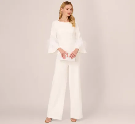 Adrianna Papell Jumpsuits*Stretch Crepe Jumpsuit With Feather Trim Bell Sleeves In