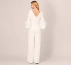 Adrianna Papell Jumpsuits*Stretch Crepe Jumpsuit With Feather Trim Bell Sleeves In