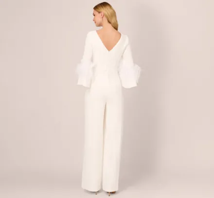 Adrianna Papell Jumpsuits*Stretch Crepe Jumpsuit With Feather Trim Bell Sleeves In
