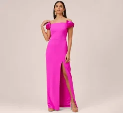 Adrianna Papell Wedding Guest Dresses|Formal Dresses*Stretch Crepe Off-The-Shoulder Long Column Gown With Bows In Pink Flame