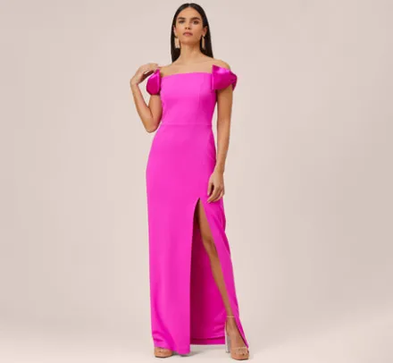 Adrianna Papell Wedding Guest Dresses|Formal Dresses*Stretch Crepe Off-The-Shoulder Long Column Gown With Bows In Pink Flame