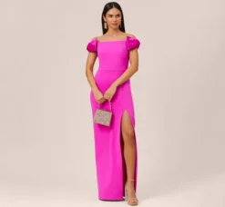 Adrianna Papell Wedding Guest Dresses|Formal Dresses*Stretch Crepe Off-The-Shoulder Long Column Gown With Bows In Pink Flame