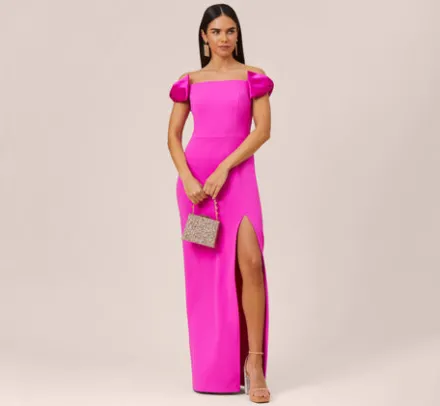 Adrianna Papell Wedding Guest Dresses|Formal Dresses*Stretch Crepe Off-The-Shoulder Long Column Gown With Bows In Pink Flame