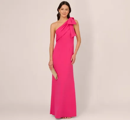 Adrianna Papell Wedding Guest Dresses|Formal Dresses*Stretch Crepe One Shoulder Mermaid Gown With Bow Accent In Hot Pink