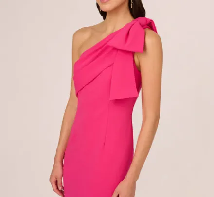 Adrianna Papell Wedding Guest Dresses|Formal Dresses*Stretch Crepe One Shoulder Mermaid Gown With Bow Accent In Hot Pink