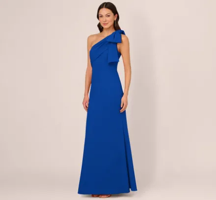 Adrianna Papell Wedding Guest Dresses|Formal Dresses*Stretch Crepe One Shoulder Mermaid Gown With Bow Accent In Violet Cobalt