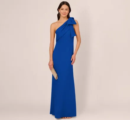 Adrianna Papell Wedding Guest Dresses|Formal Dresses*Stretch Crepe One Shoulder Mermaid Gown With Bow Accent In Violet Cobalt