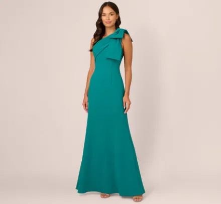 Adrianna Papell Wedding Guest Dresses|Formal Dresses*Stretch Crepe One Shoulder Mermaid Gown With Bow Accent In Tempo Teal