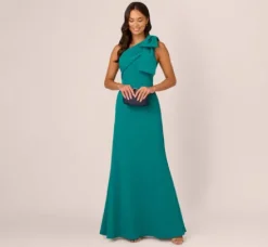 Adrianna Papell Wedding Guest Dresses|Formal Dresses*Stretch Crepe One Shoulder Mermaid Gown With Bow Accent In Tempo Teal