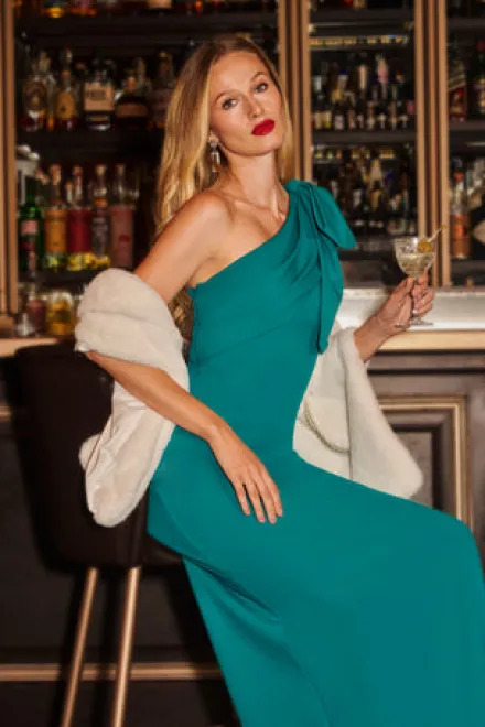 Adrianna Papell Wedding Guest Dresses|Formal Dresses*Stretch Crepe One Shoulder Mermaid Gown With Bow Accent In Tempo Teal
