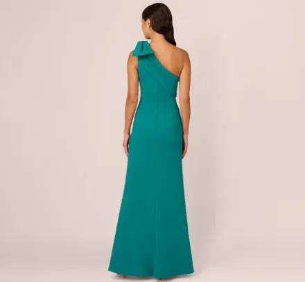 Adrianna Papell Wedding Guest Dresses|Formal Dresses*Stretch Crepe One Shoulder Mermaid Gown With Bow Accent In Tempo Teal