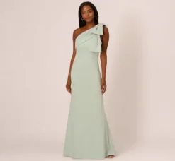 Adrianna Papell Wedding Guest Dresses|Formal Dresses*Stretch Crepe One Shoulder Mermaid Gown With Bow Accent In Icy Sage