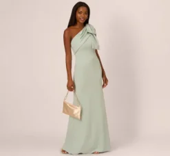 Adrianna Papell Wedding Guest Dresses|Formal Dresses*Stretch Crepe One Shoulder Mermaid Gown With Bow Accent In Icy Sage