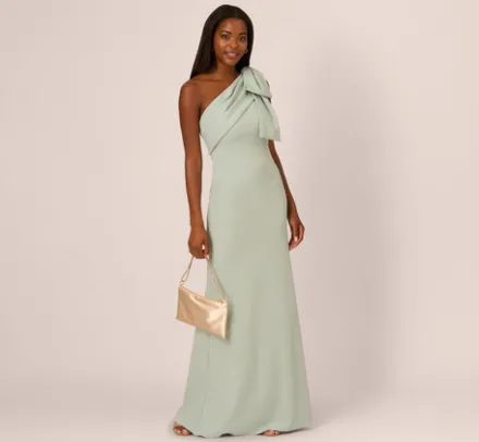 Adrianna Papell Wedding Guest Dresses|Formal Dresses*Stretch Crepe One Shoulder Mermaid Gown With Bow Accent In Icy Sage