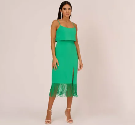 Adrianna Papell Wedding Guest Dresses|Petite-Friendly*Stretch Crepe Popover Midi Dress With Fringe Hem In Summer Green