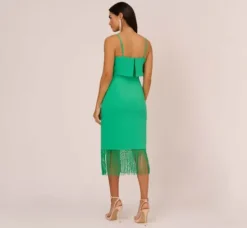 Adrianna Papell Wedding Guest Dresses|Petite-Friendly*Stretch Crepe Popover Midi Dress With Fringe Hem In Summer Green