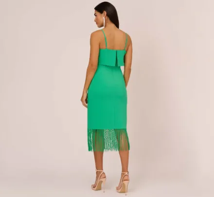 Adrianna Papell Wedding Guest Dresses|Petite-Friendly*Stretch Crepe Popover Midi Dress With Fringe Hem In Summer Green