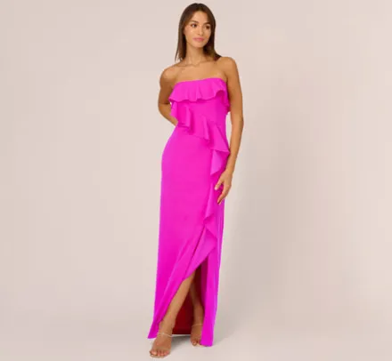 Adrianna Papell Wedding Guest Dresses|Formal Dresses*Stretch Crepe Strapless Column Gown With Ruffle Details In Pink Flame