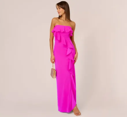 Adrianna Papell Wedding Guest Dresses|Formal Dresses*Stretch Crepe Strapless Column Gown With Ruffle Details In Pink Flame
