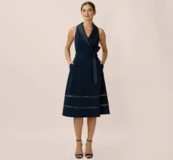 Adrianna Papell Wedding Guest Dresses|Day Dresses*Stretch Knit Crepe Midi-Length Fit-And-Flare Tuxedo Dress With Organza Inserts In