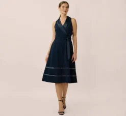 Adrianna Papell Wedding Guest Dresses|Day Dresses*Stretch Knit Crepe Midi-Length Fit-And-Flare Tuxedo Dress With Organza Inserts In