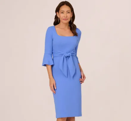 Adrianna Papell Wedding Guest Dresses|Day Dresses*Stretch Knit Crepe Tie-Front Midi-Length Sheath Dress In Precious Peri