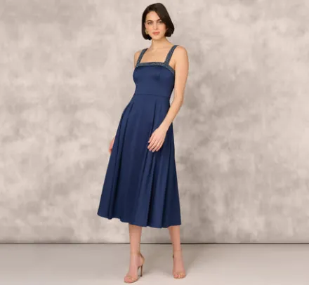 Adrianna Papell Wedding Guest Dresses|Petite-Friendly*Stretch Mikado Midi Dress With Beaded Neckline And Straps In