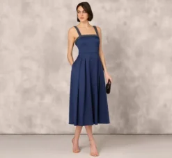 Adrianna Papell Wedding Guest Dresses|Petite-Friendly*Stretch Mikado Midi Dress With Beaded Neckline And Straps In