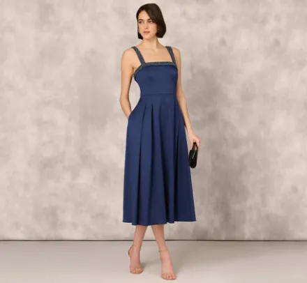 Adrianna Papell Wedding Guest Dresses|Petite-Friendly*Stretch Mikado Midi Dress With Beaded Neckline And Straps In