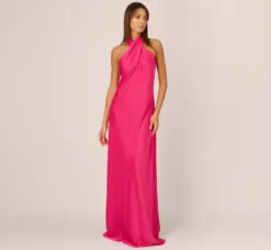 Adrianna Papell Wedding Guest Dresses|Formal Dresses*Stretch Satin Mermaid Gown With Halter Neckline In Hot Pink