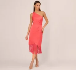 Adrianna Papell Wedding Guest Dresses|Petite-Friendly*Stretch Satin One Shoulder Midi Dress With Fringe Skirt In Spicy Coral