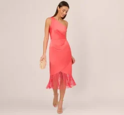Adrianna Papell Wedding Guest Dresses|Petite-Friendly*Stretch Satin One Shoulder Midi Dress With Fringe Skirt In Spicy Coral
