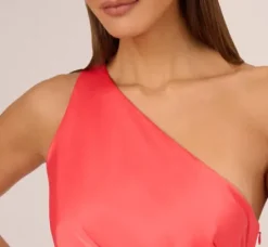 Adrianna Papell Wedding Guest Dresses|Petite-Friendly*Stretch Satin One Shoulder Midi Dress With Fringe Skirt In Spicy Coral